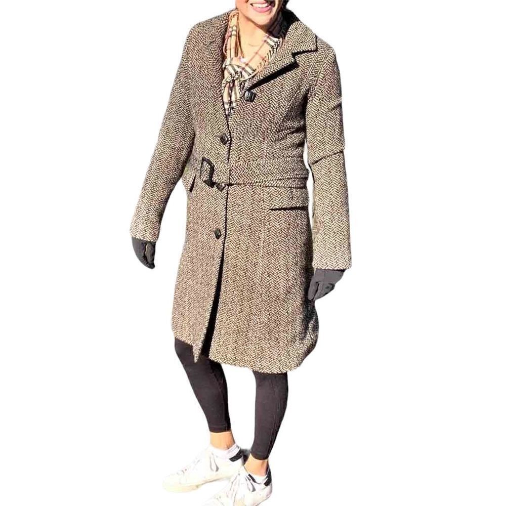 Laundry Shelli Segal Wool Long Brown Herringbone Dress Peacoat & Belt Women’s 8